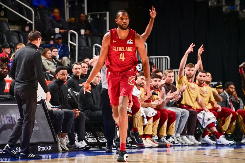 DETROIT, MI - OCTOBER 16: Evan Mobley #4 of the Cleveland Cavaliers celebrates during the game on October 16, 2024 at Little Caesars Arena in Detroit, Michigan. NOTE TO USER: User expressly acknowledges and agrees that, by downloading and/or using this photograph, User is consenting to the terms and conditions of the Getty Images License Agreement. Mandatory Copyright Notice: Copyright 2024 NBAE (Photo by Chris Schwegler/NBAE via Getty Images)