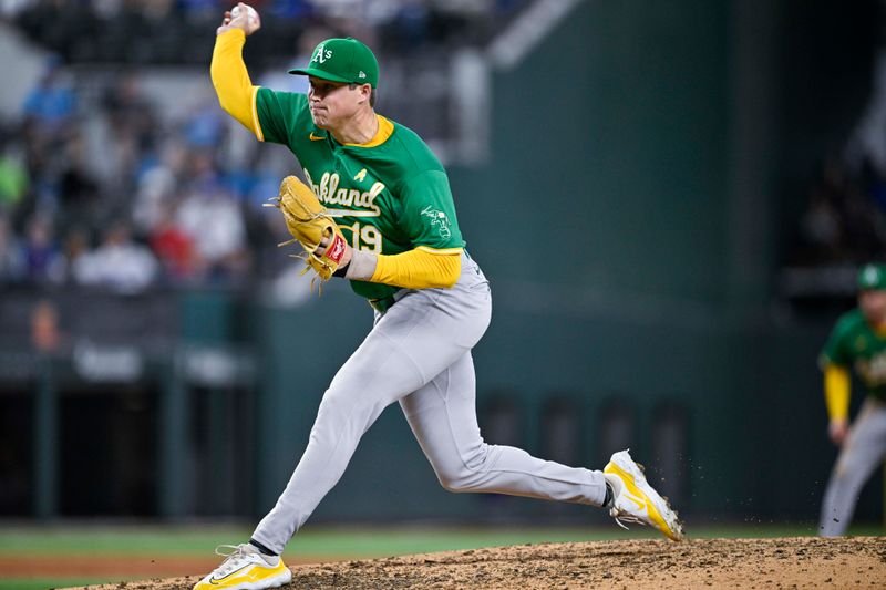 Sep 1, 2024; Arlington, Texas, USA; Oakland Athletics relief pitcher Mason Miller (19) pitches against the Texas Rangers during the tenth inning at Globe Life Field. Mandatory Credit: Jerome Miron-USA TODAY Sports