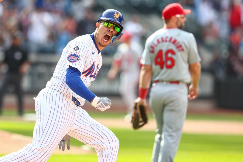 Apr 28, 2024; New York City, New York, USA;  New York Mets third baseman Mark Vientos (27) hits a game winning two run home run in the 11th inning to defeat the St. Louis Cardinals 4-2 at Citi Field. Mandatory Credit: Wendell Cruz-USA TODAY Sports