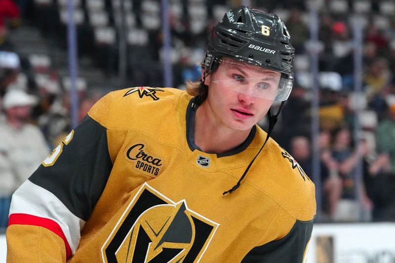 Nov 2, 2024; Las Vegas, Nevada, USA; Vegas Golden Knights defenseman Kaedan Korczak (6) warms up before a game against the Utah Hockey Club at T-Mobile Arena. Mandatory Credit: Stephen R. Sylvanie-Imagn Images