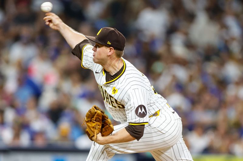 Jul 30, 2024; San Diego, California, USA; San Diego Padres relief pitcher Stephen Kolek (32) throws a pitch during the sixth inning against the Los Angeles Dodgers at Petco Park. Mandatory Credit: David Frerker-USA TODAY Sports