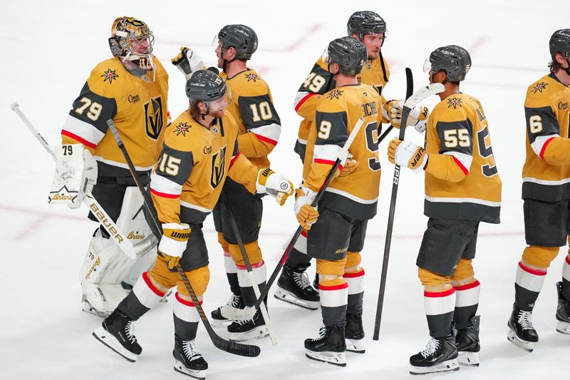 Apr 13, 2026; Las Vegas, Nevada, USA; Vegas Golden Knights players celebrate after defeating the Winnipeg Jets 6-2 at T-Mobile Arena. Mandatory Credit: Stephen R. Sylvanie-Imagn Images Apr 13, 2026; Las Vegas, Nevada, USA; Vegas Golden Knights players celebrate after defeating the Winnipeg Jets 6-2 at T-Mobile Arena. Mandatory Credit: Stephen R. Sylvanie-Imagn Images