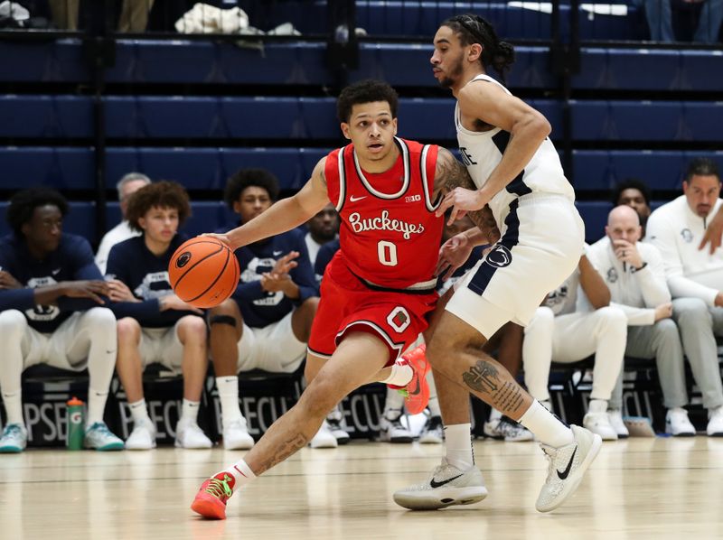 Jan 30, 2025; University Park, Pennsylvania, USA; Ohio State Buckeyes guard John Mobley Jr (0) dribbles the ball around the outside of Penn State Nittany Lions guard Freddie Dilione V (4) during the first half at Rec Hall. Mandatory Credit: Matthew O'Haren-Imagn Images