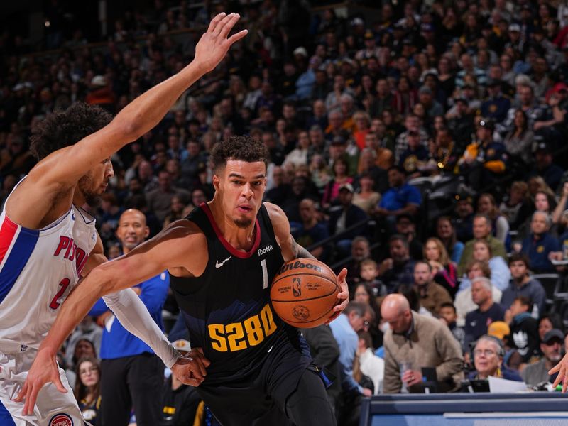 DENVER, CO - JANUARY 7: Michael Porter Jr. #1 of the Denver Nuggets drives to the basket during the game against the Detroit Pistons on January 7, 2024 at the Ball Arena in Denver, Colorado. NOTE TO USER: User expressly acknowledges and agrees that, by downloading and/or using this Photograph, user is consenting to the terms and conditions of the Getty Images License Agreement. Mandatory Copyright Notice: Copyright 2024 NBAE (Photo by Bart Young/NBAE via Getty Images)