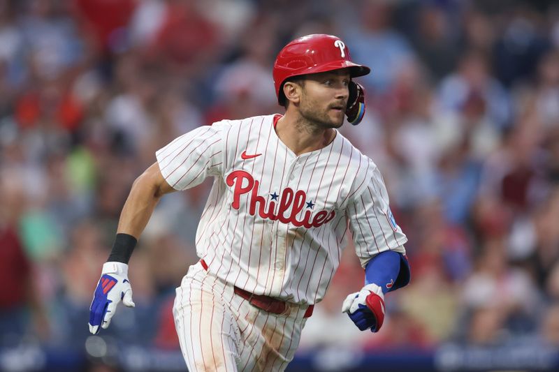 May 3, 2025; Philadelphia, Pennsylvania, USA; Philadelphia Phillies shortstop Trea Turner (7) runs the bases after hitting a double during the fourth inning against the Arizona Diamondbacks at Citizens Bank Park. Mandatory Credit: Bill Streicher-Imagn Images