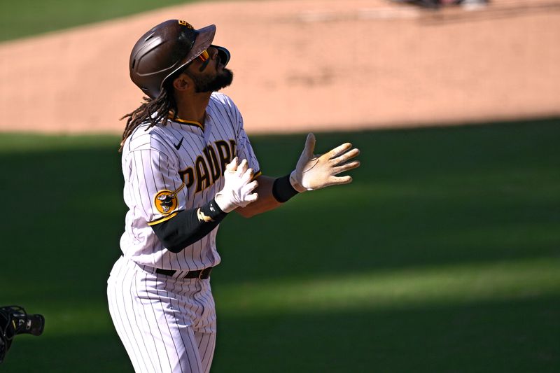 Sep 4, 2023; San Diego, California, USA; San Diego Padres right fielder Fernando Tatis Jr. (23) celebrates after hitting a home run against the Philadelphia Phillies during the first inning at Petco Park. Mandatory Credit: Orlando Ramirez-USA TODAY Sports