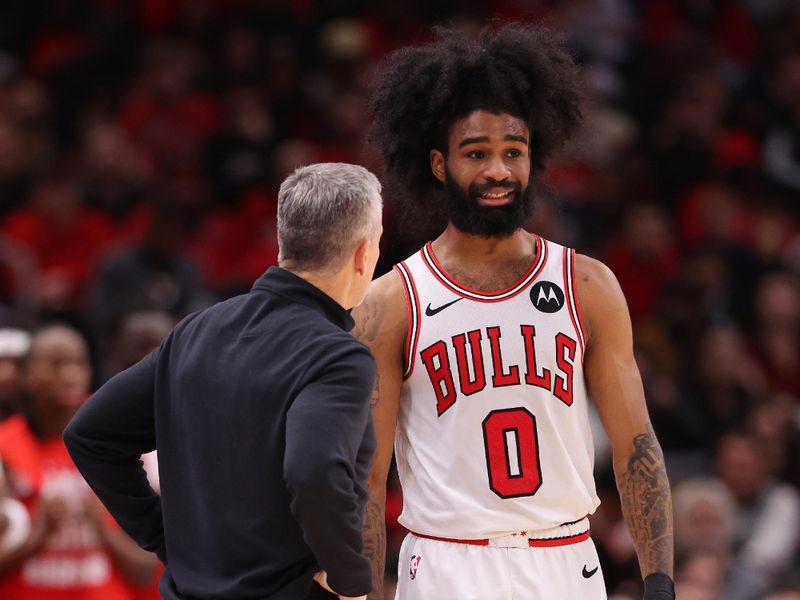 CHICAGO, ILLINOIS - FEBRUARY 06: Head coach Billy Donovan of the Chicago Bulls talks with Coby White #0 against the Minnesota Timberwolves during the second half at the United Center on February 06, 2024 in Chicago, Illinois. NOTE TO USER: User expressly acknowledges and agrees that, by downloading and or using this photograph, User is consenting to the terms and conditions of the Getty Images License Agreement.  (Photo by Michael Reaves/Getty Images)