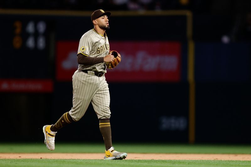 Apr 22, 2024; Denver, Colorado, USA; San Diego Padres relief pitcher Robert Suarez (75) runs to the mound in the ninth inning against the Colorado Rockies at Coors Field. Mandatory Credit: Isaiah J. Downing-USA TODAY Sports