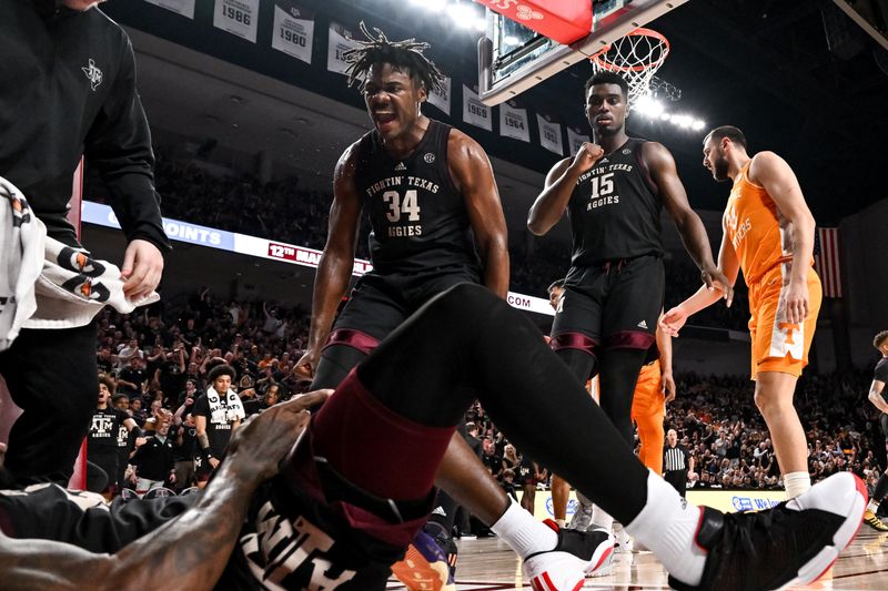 Feb 21, 2023; College Station, Texas, USA;  Texas A&M Aggies forward Julius Marble (34) reacts to guard Tyrece Radford (not pictured) being fouled during the second half against the Tennessee Volunteers at Reed Arena. Mandatory Credit: Maria Lysaker-USA TODAY Sports