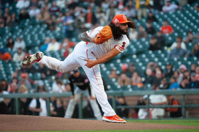 Sep 12, 2023; San Francisco, California, USA; San Francisco Giants starting pitcher Sean Manaea (52) throws a pitch during the first inning against the Cleveland Guardians at Oracle Park. Mandatory Credit: Ed Szczepanski-USA TODAY Sports