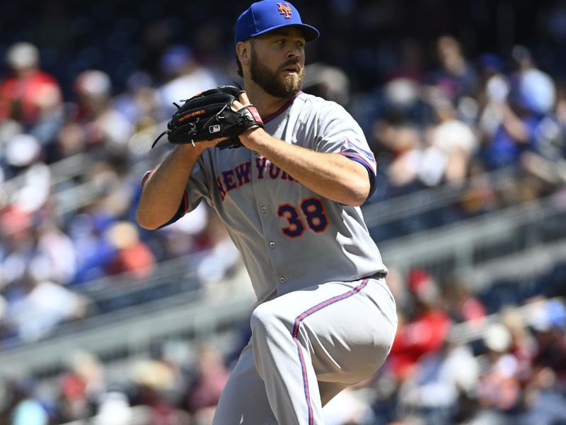Apr 27, 2025; Washington, District of Columbia, USA; New York Mets starting pitcher Tylor Megill (38) throws to the Washington Nationals during the first inning at Nationals Park. Mandatory Credit: Brad Mills-Imagn Images