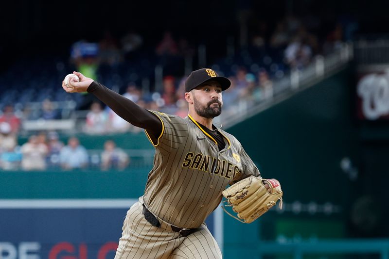 Jul 24, 2024; Washington, District of Columbia, USA; San Diego Padres starting pitcher Matt Waldron (61) pitches against the Washington Nationals during the first inning at Nationals Park. Mandatory Credit: Geoff Burke-USA TODAY Sports