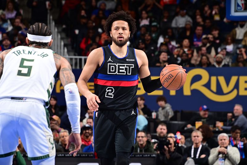 DETROIT, MI - DECEMBER 3: Cade Cunningham #2 of the Detroit Pistons dribbles the ball during the game against the Milwaukee Bucks during the Emirates NBA Cup game on December 3, 2024 at Little Caesars Arena in Detroit, Michigan. NOTE TO USER: User expressly acknowledges and agrees that, by downloading and/or using this photograph, User is consenting to the terms and conditions of the Getty Images License Agreement. Mandatory Copyright Notice: Copyright 2024 NBAE (Photo by Chris Schwegler/NBAE via Getty Images)