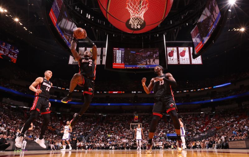 MIAMI, FL - NOVEMBER 4:  Terry Rozier #2 of the Miami Heat grabs the rebound during the game against the Sacramento Kings during a regular season game on November 4, 2024 at Kaseya Center in Miami, Florida. NOTE TO USER: User expressly acknowledges and agrees that, by downloading and or using this Photograph, user is consenting to the terms and conditions of the Getty Images License Agreement. Mandatory Copyright Notice: Copyright 2024 NBAE (Photo by Issac Baldizon/NBAE via Getty Images)