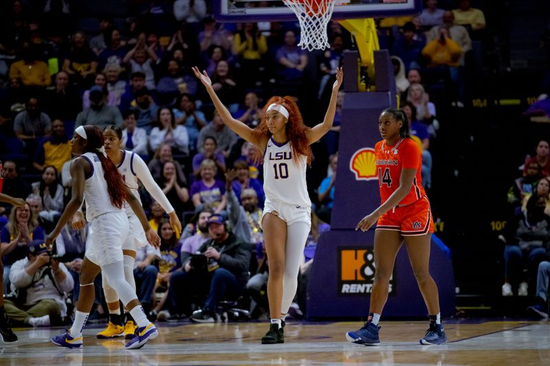 Feb 22, 2024; Baton Rouge, Louisiana, USA; LSU Lady Tigers forward Angel Reese (10) pumps the crowd against the Auburn Tigers at Pete Maravich Assembly Center. Mandatory Credit: Matthew Hinton-USA TODAY Sports