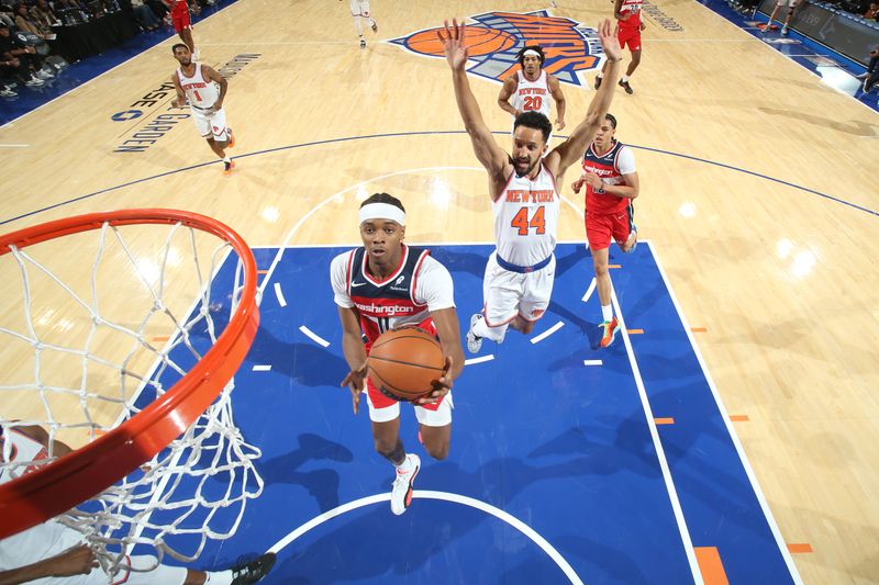 NEW YORK, NY - OCTOBER 9: Bilal Coulibaly #0 of the Washington Wizards drives to the basket during the game against the New York Knicks during the 2024 NBA Preseason on October 9, 2024 at Madison Square Garden in New York City, New York.  NOTE TO USER: User expressly acknowledges and agrees that, by downloading and or using this photograph, User is consenting to the terms and conditions of the Getty Images License Agreement. Mandatory Copyright Notice: Copyright 2024 NBAE  (Photo by Nathaniel S. Butler/NBAE via Getty Images)