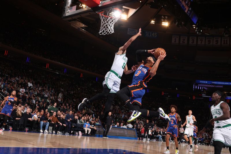 NEW YORK, NY - FEBRUARY 24: Josh Hart #3 of the New York Knicks drives to the basket during the game against the Boston Celtics on February 24, 2024 at Madison Square Garden in New York City, New York.  NOTE TO USER: User expressly acknowledges and agrees that, by downloading and or using this photograph, User is consenting to the terms and conditions of the Getty Images License Agreement. Mandatory Copyright Notice: Copyright 2024 NBAE  (Photo by Nathaniel S. Butler/NBAE via Getty Images)