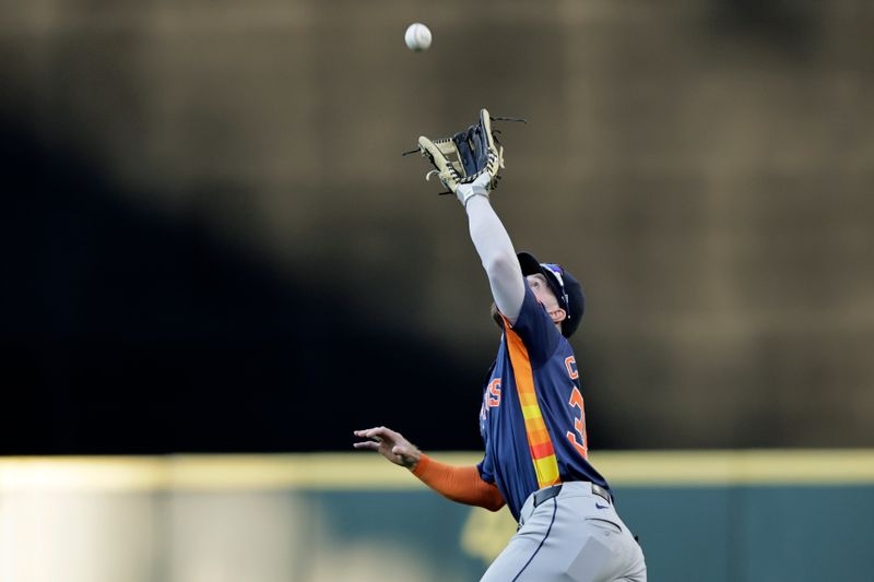 Jul 20, 2024; Seattle, Washington, USA; Houston Astros right fielder Trey Cabbage (38) catches a fly hit by Seattle Mariners designated hitter Cal Raleigh (not pictured) during the fourth inning at T-Mobile Park. Mandatory Credit: John Froschauer-USA TODAY Sports