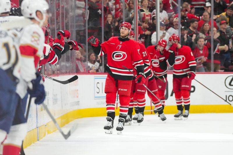 Jan 16, 2026; Raleigh, North Carolina, USA;  Carolina Hurricanes left wing Taylor Hall (71) celebrates his goal against the Florida Panthers during the second period at Lenovo Center. Mandatory Credit: James Guillory-Imagn Images