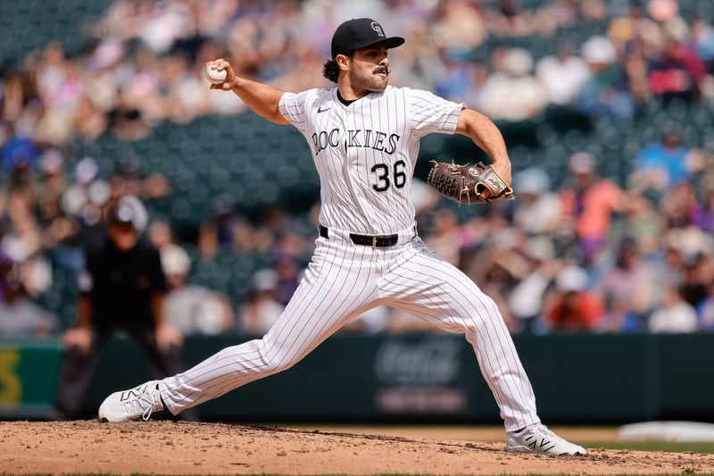 Apr 30, 2025; Denver, Colorado, USA; Colorado Rockies relief pitcher Zach Agnos (36) pitches in the ninth inning against the Atlanta Braves at Coors Field. Mandatory Credit: Isaiah J. Downing-Imagn Images