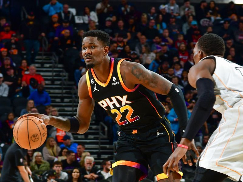 PHOENIX, AZ - JANUARY 6:  Deandre Ayton #22 of the Phoenix Suns drives to the basket during the game against the Miami Heat on January 6, 2023 at Footprint Center in Phoenix, Arizona. NOTE TO USER: User expressly acknowledges and agrees that, by downloading and or using this photograph, user is consenting to the terms and conditions of the Getty Images License Agreement. Mandatory Copyright Notice: Copyright 2023 NBAE (Photo by Kate Frese/NBAE via Getty Images)