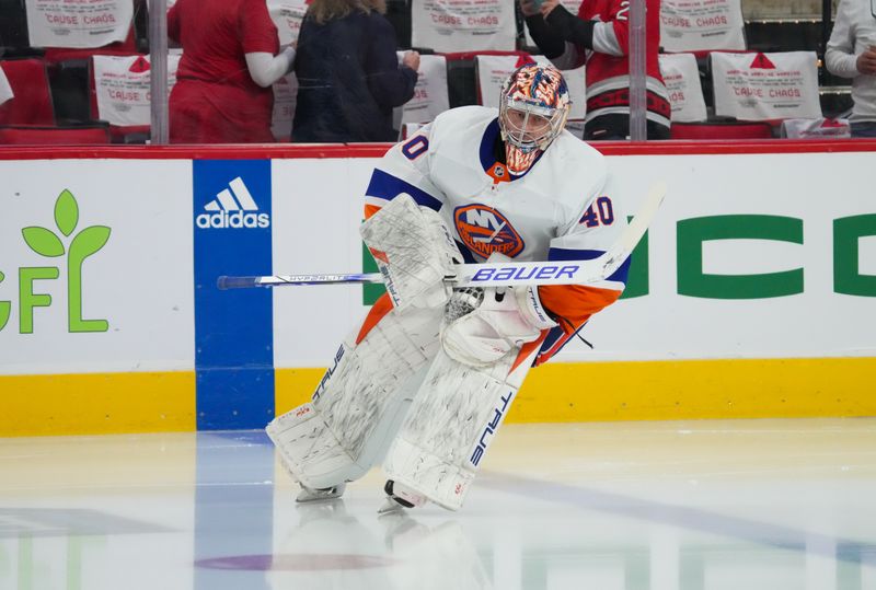 Apr 22, 2024; Raleigh, North Carolina, USA; New York Islanders goaltender Semyon Varlamov (40) skates on the ice before the game against the Carolina Hurricanes in game two of the first round of the 2024 Stanley Cup Playoffs at PNC Arena. Mandatory Credit: James Guillory-USA TODAY Sports