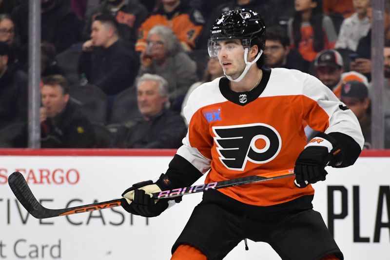 Jan 10, 2024; Philadelphia, Pennsylvania, USA; Philadelphia Flyers defenseman Jamie Drysdale (9) against the Montreal Canadiens during the second period at Wells Fargo Center. Mandatory Credit: Eric Hartline-USA TODAY Sports