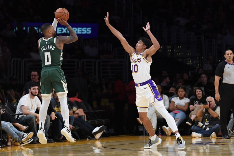 LOS ANGELES, CA - OCTOBER 15: Damian Lillard #0 of the Milwaukee Bucks shoots a three point basket during the preseason game on October 15, 2023 at Crypto.Com Arena in Los Angeles, California. NOTE TO USER: User expressly acknowledges and agrees that, by downloading and/or using this Photograph, user is consenting to the terms and conditions of the Getty Images License Agreement. Mandatory Copyright Notice: Copyright 2023 NBAE (Photo by Juan Ocampo/NBAE via Getty Images)