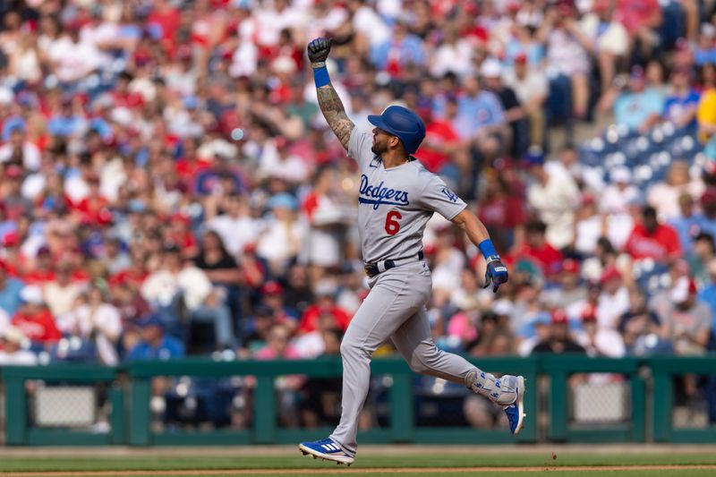 Jun 10, 2023; Philadelphia, Pennsylvania, USA; Los Angeles Dodgers left fielder David Peralta (6) runs the bases after hitting a home run during the fourth inning against the Philadelphia Phillies at Citizens Bank Park. Mandatory Credit: Bill Streicher-USA TODAY Sports