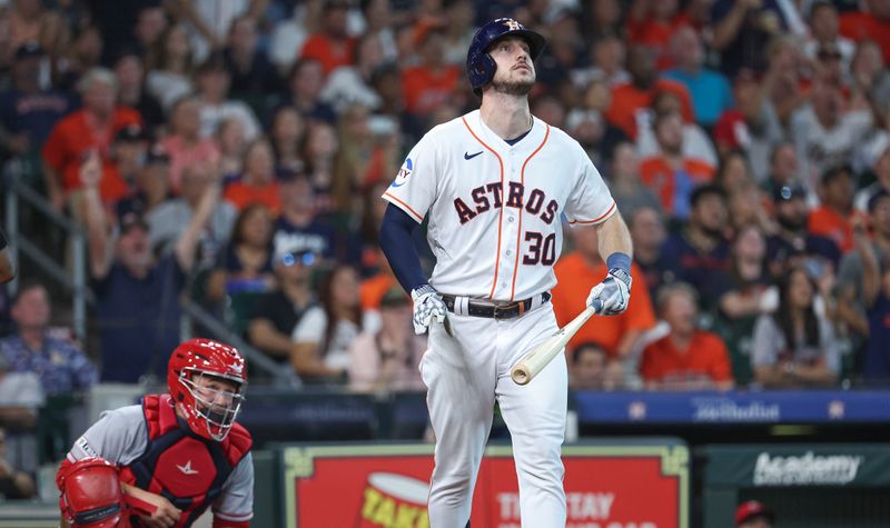 Aug 12, 2023; Houston, Texas, USA; Houston Astros right fielder Kyle Tucker (30) looks up after hitting a home run during the fourth inning against the Los Angeles Angels at Minute Maid Park. Mandatory Credit: Troy Taormina-USA TODAY Sports