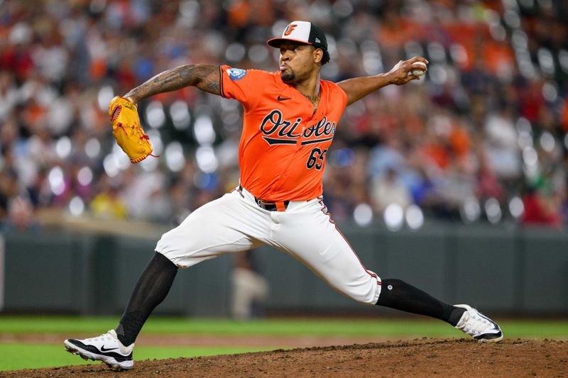 Aug 17, 2024; Baltimore, Maryland, USA; Baltimore Orioles pitcher Gregory Soto (65) throws a pitch during the ninth inning against the Boston Red Sox at Oriole Park at Camden Yards. Mandatory Credit: Reggie Hildred-USA TODAY Sports