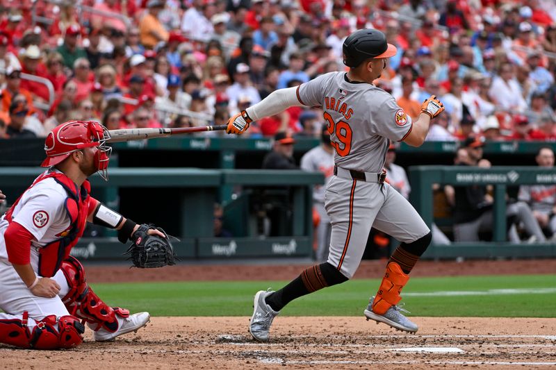 May 22, 2024; St. Louis, Missouri, USA;  Baltimore Orioles third baseman Ramon Urias (29) hits a single against the St. Louis Cardinals during the third inning at Busch Stadium. Mandatory Credit: Jeff Curry-USA TODAY Sports