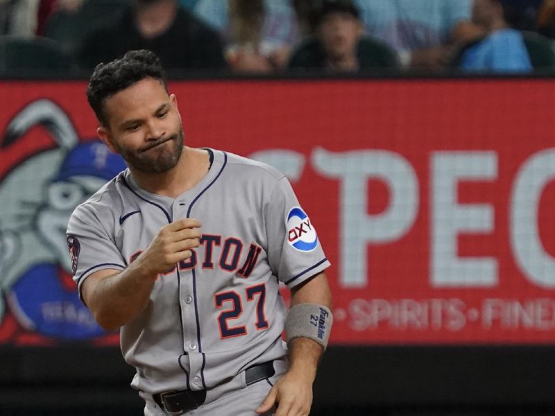 May 17, 2025; Arlington, Texas, USA; Houston Astros outfielder Jose Altuve (27) tosses his helmet after striking out to end the seventh inning against the Texas Rangers at Globe Life Field. Mandatory Credit: Raymond Carlin III-Imagn Images