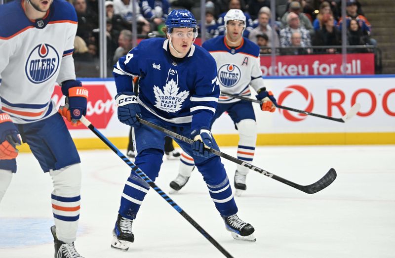 Mar 23, 2024; Toronto, Ontario, CAN; Toronto Maple Leafs forward Bobby McMann (74) tracks the play against the Edmonton Oilers in the first period at Scotiabank Arena. Mandatory Credit: Dan Hamilton-USA TODAY Sports