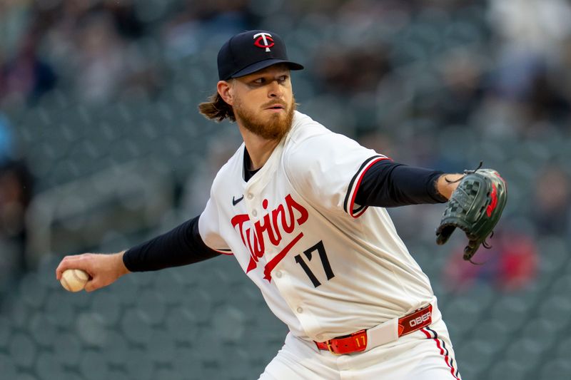 May 19, 2025; Minneapolis, Minnesota, USA; Minnesota Twins starting pitcher Bailey Ober (17) delivers a pitch against the Cleveland Guardians in the first inning  at Target Field. Mandatory Credit: Jesse Johnson-Imagn Images