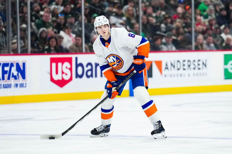 Jan 15, 2024; Saint Paul, Minnesota, USA; New York Islanders defenseman Noah Dobson (8) looks to pass during the first period against the Minnesota Wild at Xcel Energy Center. Mandatory Credit: Brace Hemmelgarn-USA TODAY Sports