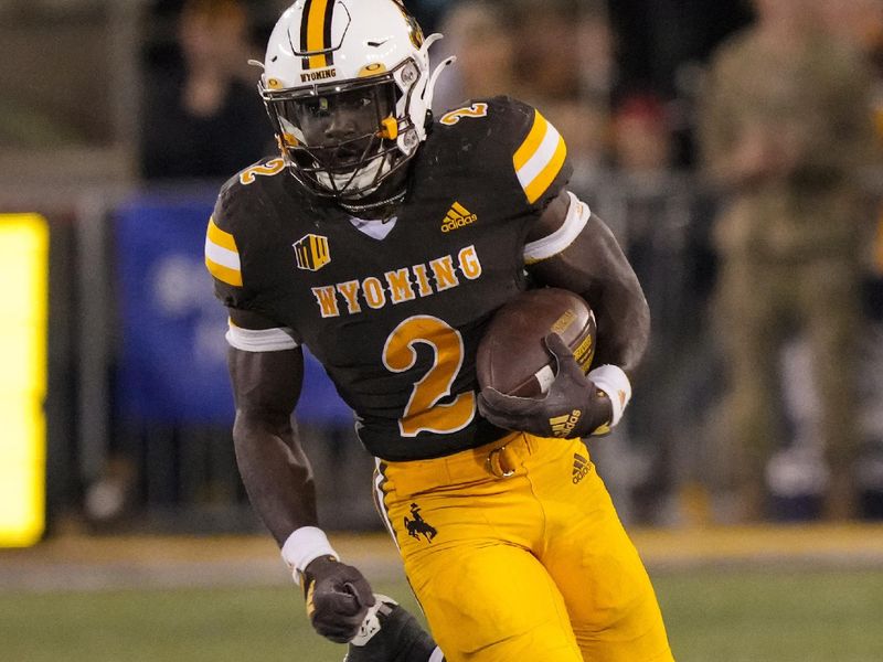 Sep 16, 2022; Laramie, Wyoming, USA; Wyoming Cowboys running back Titus Swen (2) runs against the Air Force  during the fourth quarter at Jonah Field at War Memorial Stadium. Mandatory Credit: Troy Babbitt-USA TODAY Sports