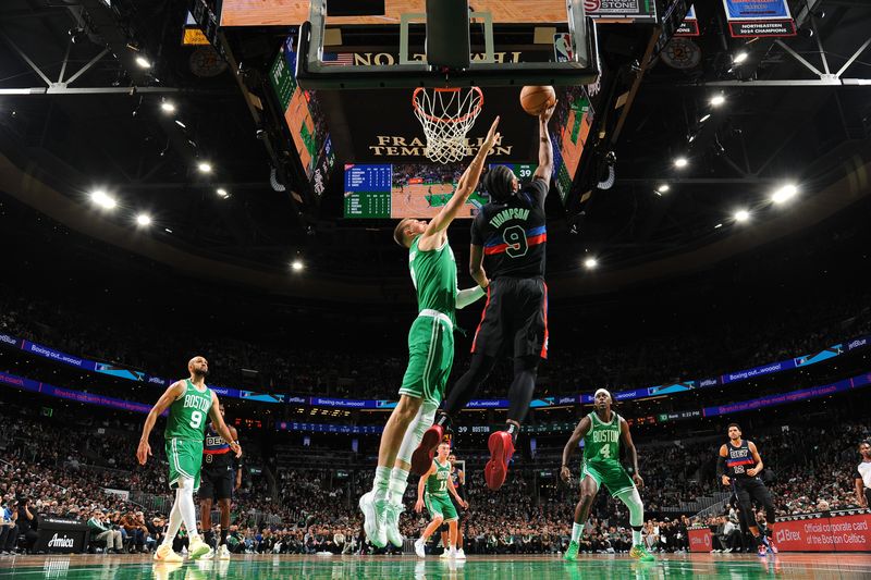 BOSTON, MA - DECEMBER 12: Ausar Thompson #9 of the Detroit Pistons drives to the basket during the game against the Boston Celtics on December 12, 2024 at TD Garden in Boston, Massachusetts. NOTE TO USER: User expressly acknowledges and agrees that, by downloading and/or using this Photograph, user is consenting to the terms and conditions of the Getty Images License Agreement. Mandatory Copyright Notice: Copyright 2024 NBAE (Photo by Brian Babineau/NBAE via Getty Images)