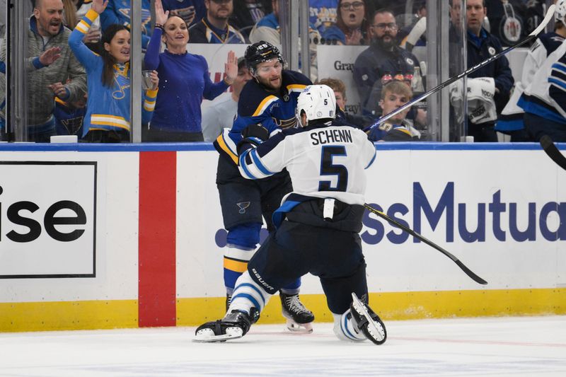 Apr 27, 2025; St. Louis, Missouri, USA; St. Louis Blues left wing Nathan Walker (26) battles with Winnipeg Jets defenseman Luke Schenn (5) during the third period in game four of the first round of the 2025 Stanley Cup Playoffs at Enterprise Center. Mandatory Credit: Jeff Le-Imagn Images