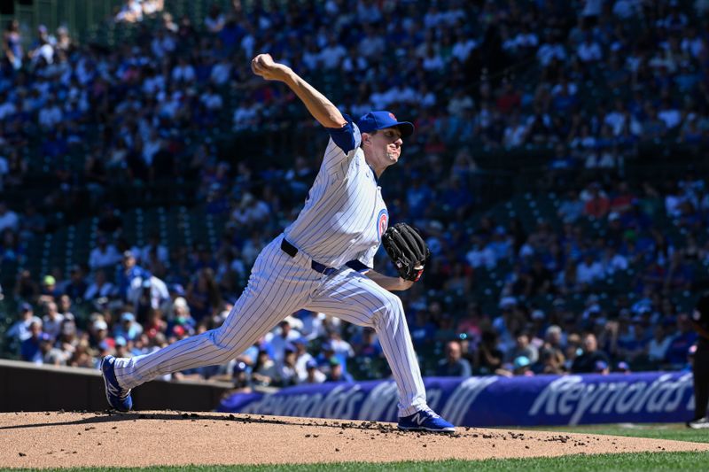 Sep 21, 2024; Chicago, Illinois, USA;  Chicago Cubs pitcher Kyle Hendricks (28) delivers against the Washington Nationals during the first inning at Wrigley Field. Mandatory Credit: Matt Marton-Imagn Images