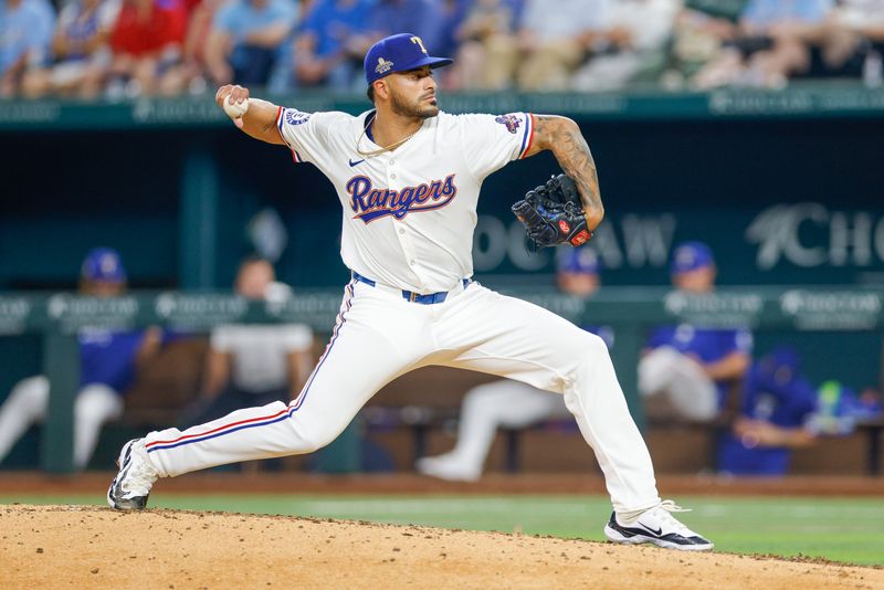 Jun 4, 2024; Arlington, Texas, USA; Texas Rangers pitcher Jesus Tinoco (59) comes in to pitch during the seventh inning against the Detroit Tigers at Globe Life Field. Mandatory Credit: Andrew Dieb-USA TODAY Sports