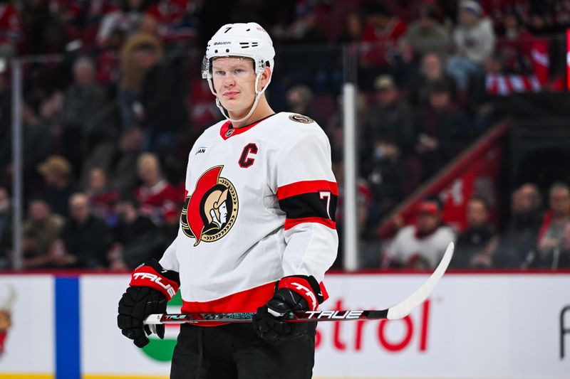 Oct 12, 2024; Montreal, Quebec, CAN; Ottawa Senators left wing Brady Tkachuk (7) looks on during the second period against the Montreal Canadiens at Bell Centre. Mandatory Credit: David Kirouac-Imagn Images