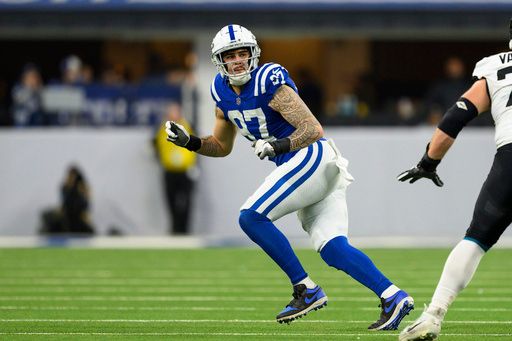 Indianapolis Colts defensive end Laiatu Latu (97) drops into coverage during an NFL football game against the Jacksonville Jaguars, Sunday, Jan. 5, 2025, in Indianapolis. The Colts defeated the Jaguars 26-23. (AP Photo/Zach Bolinger)