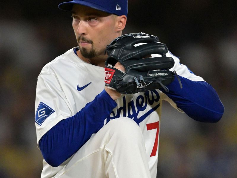 Sep 17, 2025; Los Angeles, California, USA; Los Angeles Dodgers pitcher Blake Snell (7) throws a pitch against the Philadelphia Phillies in the second inning at Dodger Stadium. Mandatory Credit: Jayne Kamin-Oncea-Imagn Images