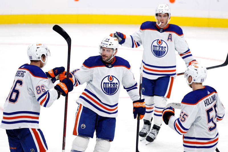 Oct 1, 2022; Winnipeg, Manitoba, CAN; Edmonton Oilers Jason Demers (44) celebrates his third period goal against the Winnipeg Jets at Canada Life Centre. Mandatory Credit: James Carey Lauder-USA TODAY Sports