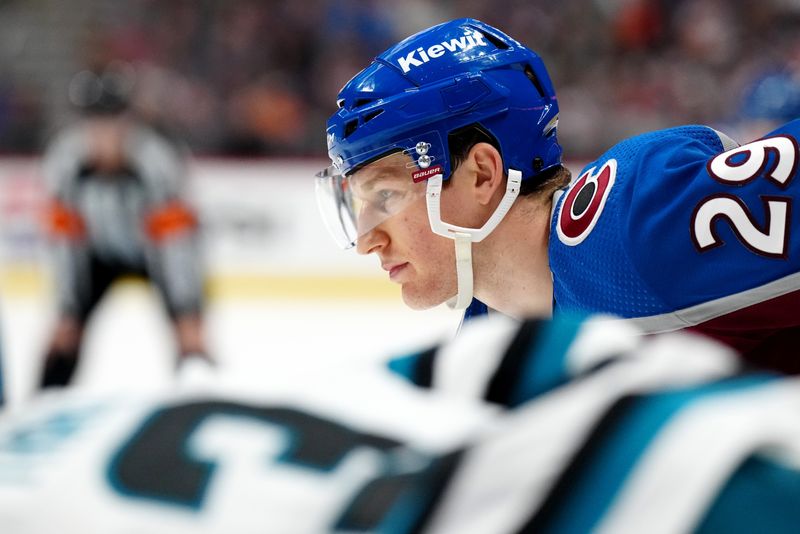 Dec 31, 2023; Denver, Colorado, USA; Colorado Avalanche center Nathan MacKinnon (29) during the second period against the San Jose Sharks at Ball Arena. Mandatory Credit: Ron Chenoy-USA TODAY Sports