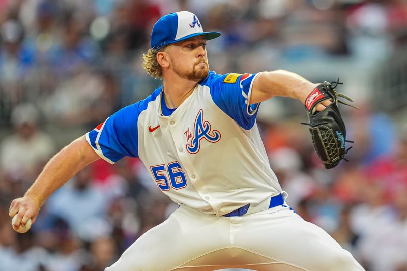 Jul 6, 2024; Cumberland, Georgia, USA; Atlanta Braves pitcher Spencer Schwellenbach (56) pitches against the Philadelphia Phillies during the third inning at Truist Park. Mandatory Credit: Dale Zanine-USA TODAY Sports