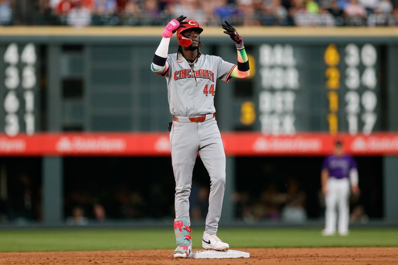 Jun 3, 2024; Denver, Colorado, USA; Cincinnati Reds shortstop Elly De La Cruz (44) reacts from second on an RBI double in the third inning against the Colorado Rockies at Coors Field. Mandatory Credit: Isaiah J. Downing-USA TODAY Sports