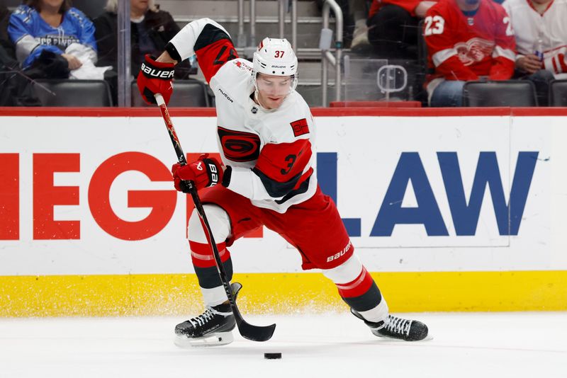 Jan 12, 2026; Detroit, Michigan, USA;  Carolina Hurricanes right wing Andrei Svechnikov (37) skates with the puck in the first period against the Detroit Red Wings at Little Caesars Arena. Mandatory Credit: Rick Osentoski-Imagn Images