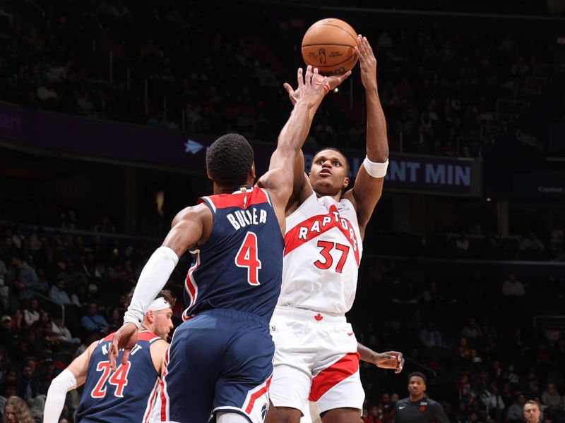 WASHINGTON, DC -? MARCH 23:  Jahmi'us Ramsey #37 of the Toronto Raptors shoots the ball during the game  on March 23, 2024 at Capital One Arena in Washington, DC. NOTE TO USER: User expressly acknowledges and agrees that, by downloading and or using this Photograph, user is consenting to the terms and conditions of the Getty Images License Agreement. Mandatory Copyright Notice: Copyright 2024 NBAE (Photo by Stephen Gosling/NBAE via Getty Images)